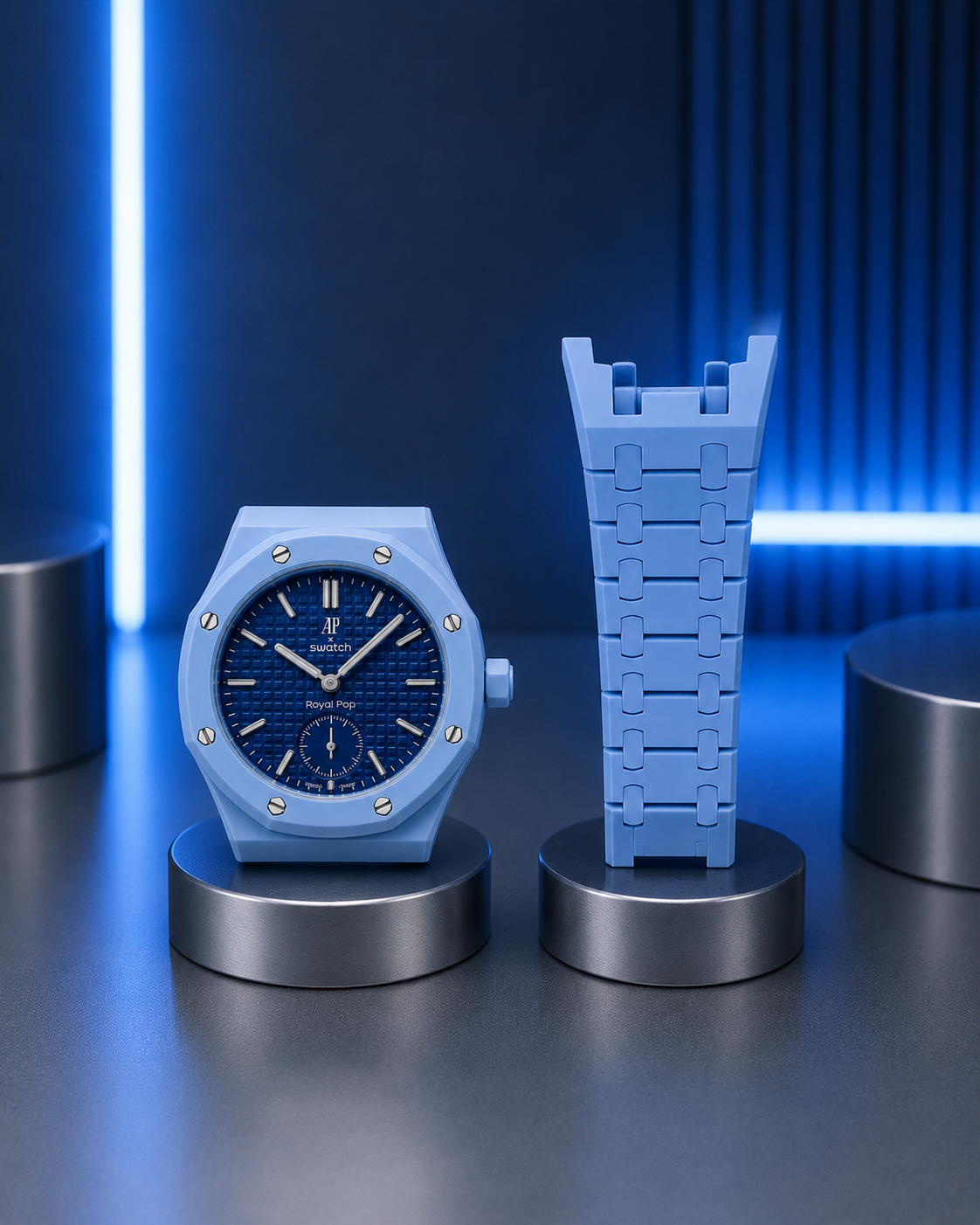 Royal Pop Concept 001 — sky-blue ceramic watch and bracelet on metallic podiums under cinematic blue LED light